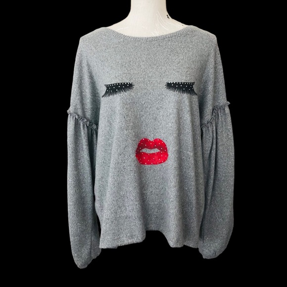 $10 SALE! LOVE + LUXE Heather Gray Eyelashes Lips Face Long Sleeves Sweater XL - Picture 12 of 12